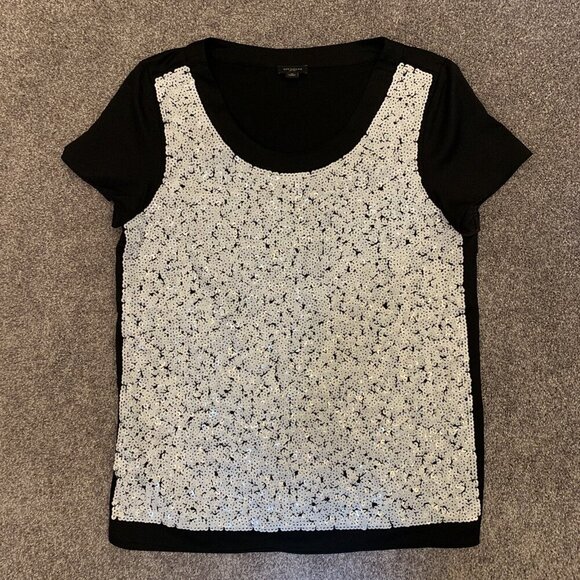 Ann Taylor Women’s Sequin Top Size M Gray Black Lined Short Sleeves Stretch GUC - Picture 9 of 9